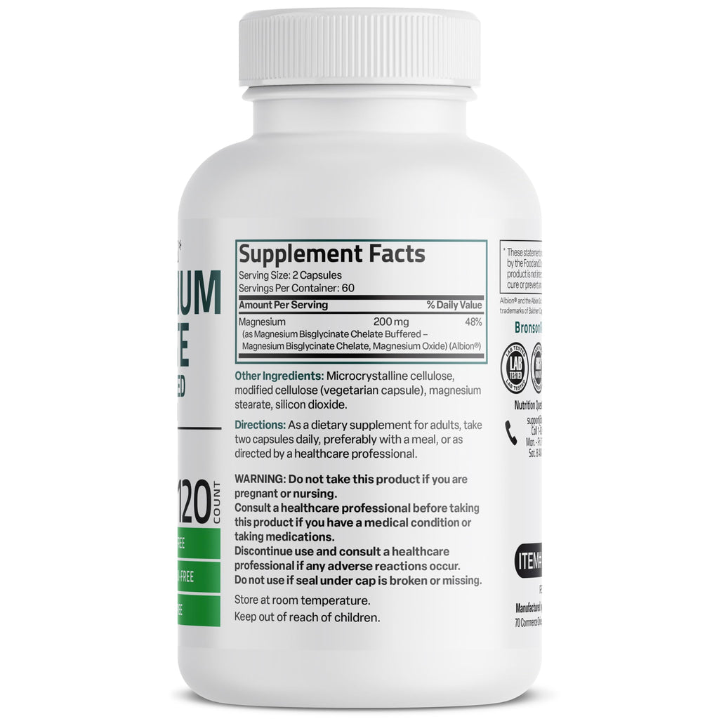 Bronson Magnesium Glycinate 200 MG per Serving Chelated for High Absorption, Gentle On Stomach, Non-GMO, 120 Vegetarian Capsules