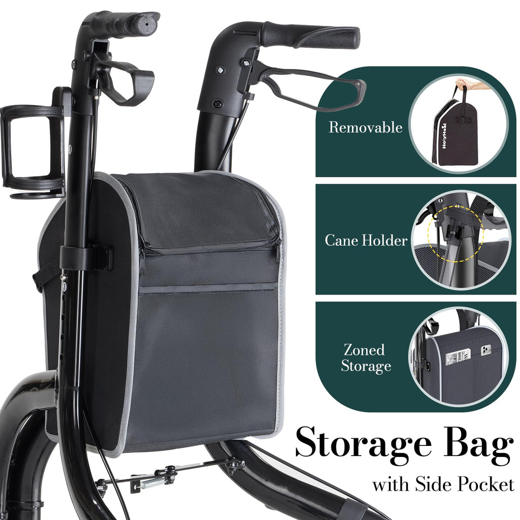 HolyHeal 3 Wheel Walkers for Seniors, Lightweight Rollator Walkers Foldable for Elderly with Cane Hold and Cup Hold, Height Adjustable Aluminum Three Wheel Rolling Walker Mobility Aid, Black