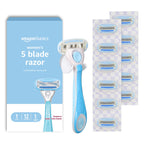 Amazon Basics 5-Blade Razor Handle for Women, Includes 12 Cartridges and Shower Hanger, 14 Piece Set, Blue