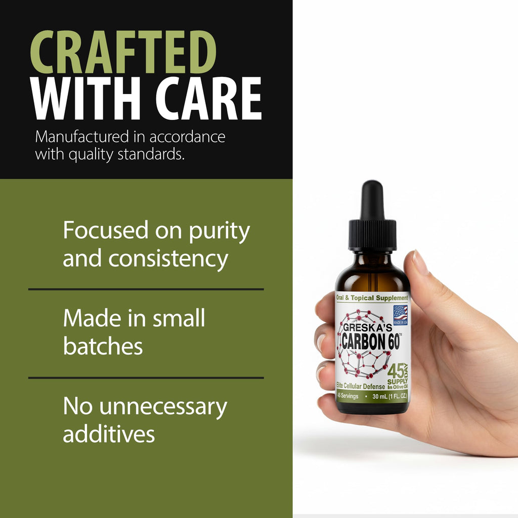 Greska's C60 in Organic Olive Oil - 45 Day Supply - Solvent-Free Carbon 60 Antioxidant Formula for Cellular Support, Vitality, Focus & Overall Wellness (1oz)