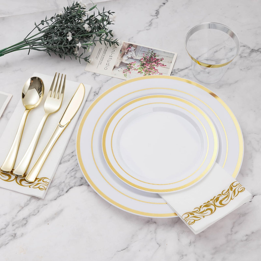 BESTVIP 700 PCS Disposable White and Gold Plastic Plates for 100 Guests