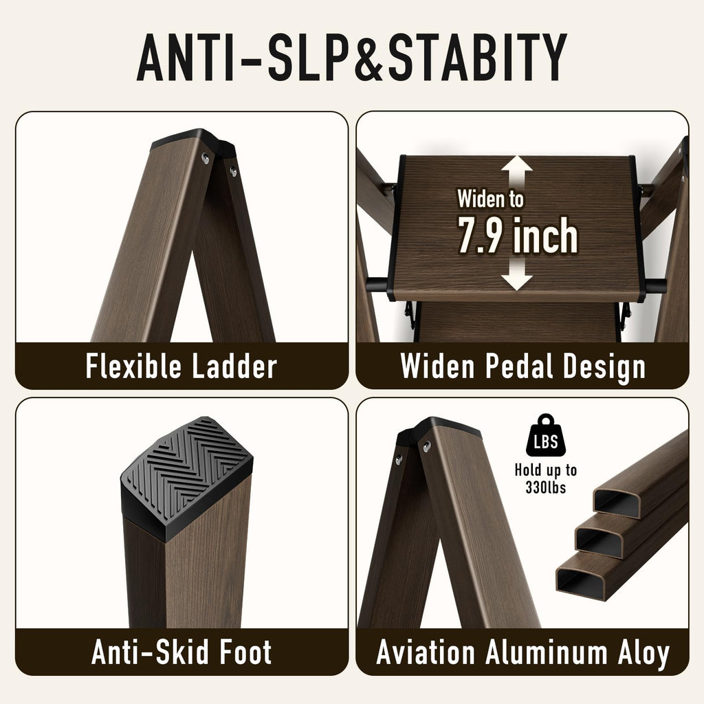 Mayi Plus 3 Step Ladder,Aluminum Folding Step Stool for Adults,Step Ladder with Wide Anti-Slip Pedal,330 lbs Capacity for Home,Office,Kitchen,Library(Walnut)