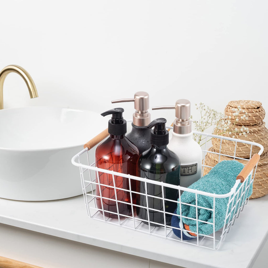 Wire Basket 2 Pcs Wire Storage Baskets Wire Baskets Organizing with Wooden Handles Wire Basket Pantry Organization and Storage Metal Wire Food Storage Basket for Kitchen, Cabinets (White 2PCS)