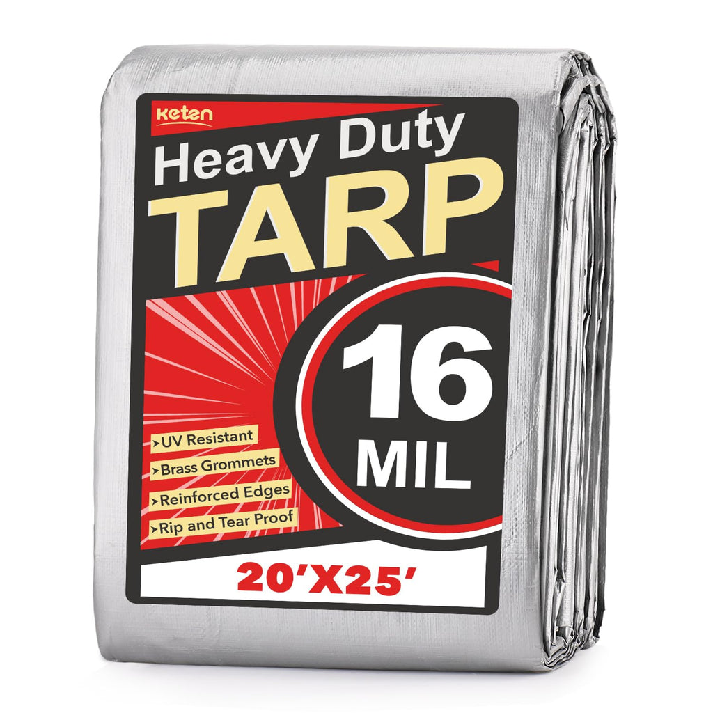 Keten Tarps Heavy Duty Waterproof 20X25 Feet, Extra Thick 16 Mil, Tear & Fade Resistant, UV Blocking, Outdoor Tarp with Reinforced Grommets for Roof, Camping, Patio, Pool, Boat(Silver/Black)