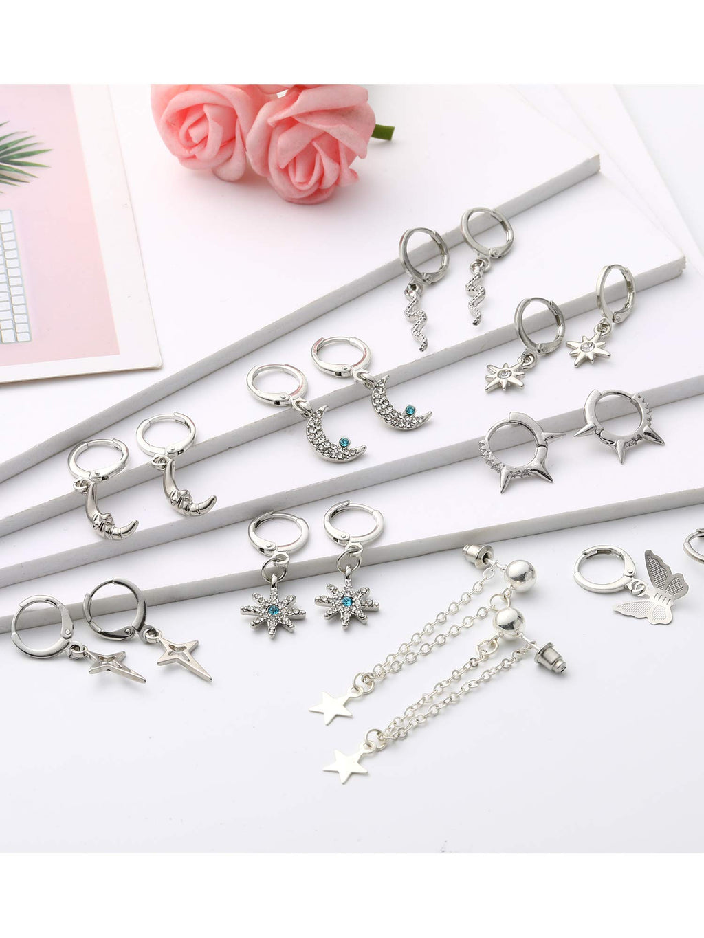 Hicarer 12 Pairs Dangle Huggie Hoop Earrings Star Moon Charms Set,Silver