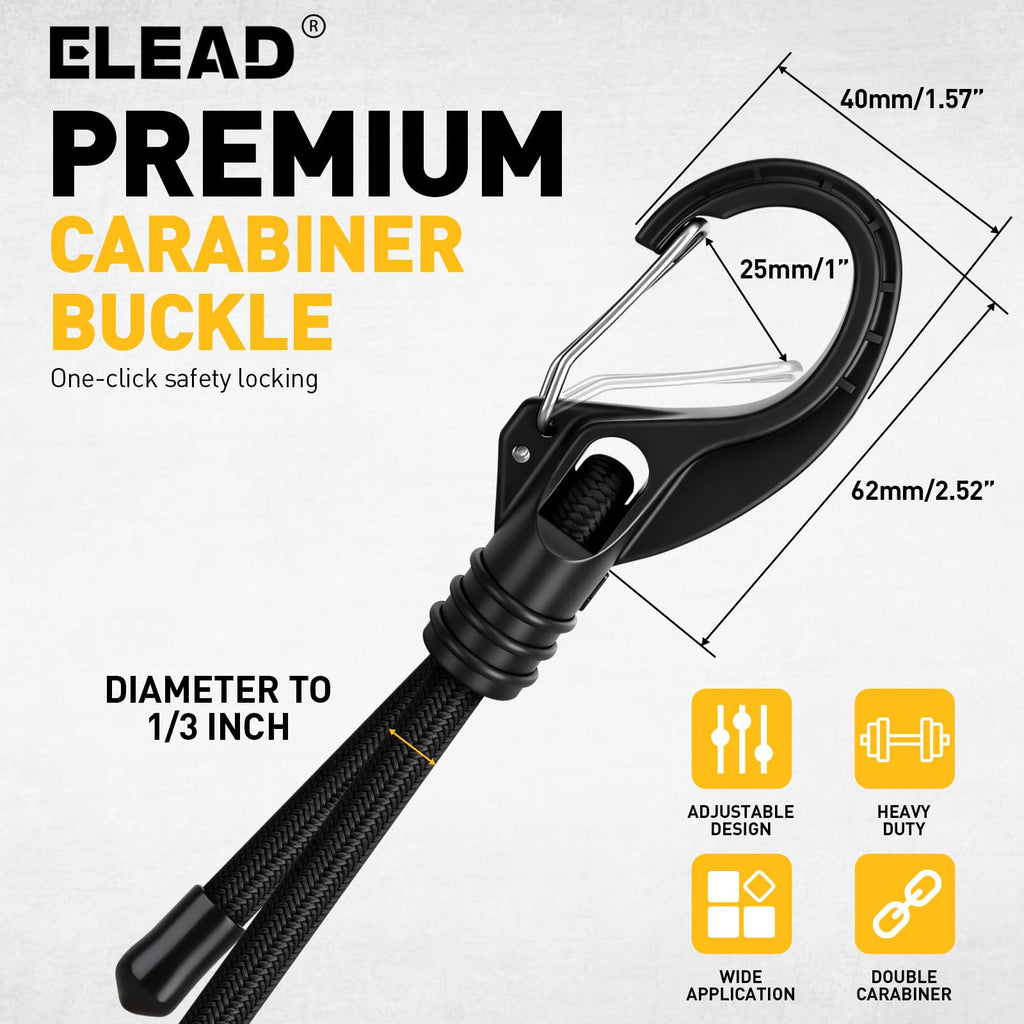 8-Piece 48-inch Adjustable Bungee Cords with Hooks, Heavy Duty Outdoor Carabiner Bungee Straps, Easily Adjust from 7" to 48", Black Super Elastic Cord for Cargo, Camping, Bike Racks, Tents
