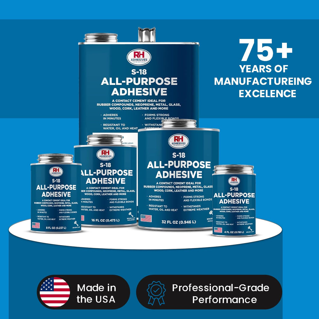 S-18 All-Purpose Adhesive, 16 oz. can - Multi-Purpose, Rubber, Metal, Leather, Felt, Wood, Neoprene, Glass, Flexible, Waterproof, Long Lasting - RH Adhesives