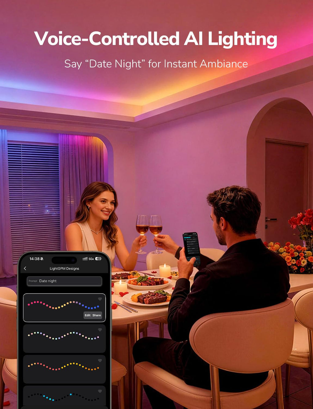 Lepro S1 AI LED Strip Lights for Bedroom - 16.4ft Smart RGB Light Strips with IC and Rainbow Chasing Effects, Color Segment DIY, Personalized Al Lighting Designer, No Remote, 2.4G Wi-Fi & Bluetooth