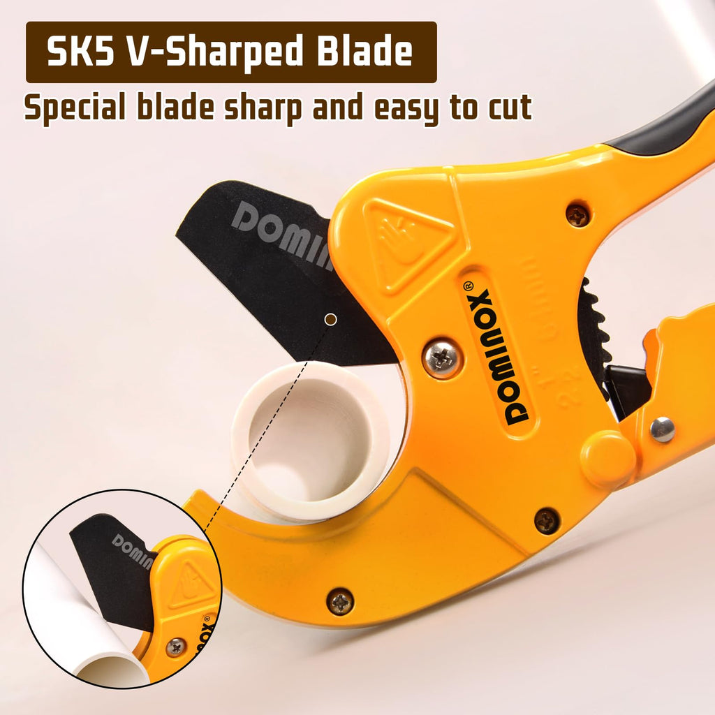 DOMINOX PVC Pipe Cutter, Cuts up to 2-1/2" PEX, PVC, PPR, Plastic Hoses& Plumbing Pipes,Ratchet PVC Cutter Tool with SK5 Blade and Aluminum Alloy Body