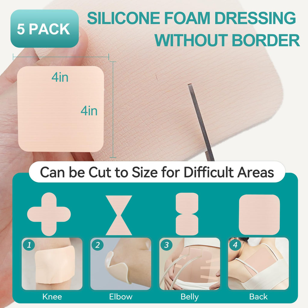 Dimora Silicone Foam Dressing Without Border 4"x 4" Highly Absorbent Adhesive Wound Bandage Cuttable Pads for Wound Care 5 Pack