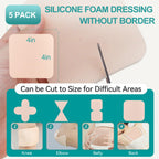 Dimora Silicone Foam Dressing Without Border 4"x 4" Highly Absorbent Adhesive Wound Bandage Cuttable Pads for Wound Care 5 Pack