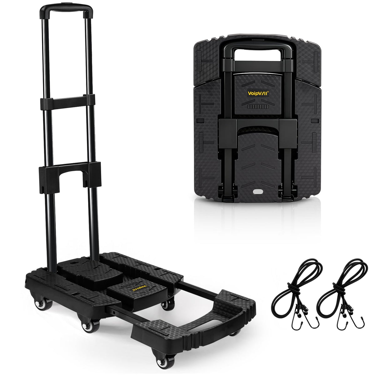 Voipvvii Folding Hand Truck 500lbs, Portable Heavy Duty Dolly Cart, 6 Wheels Collapsible Luggage Cart with 2 Elastic Ropes - Compact Trolley Cart for Easy Moving - Ideal Hand Cart for Travel and More