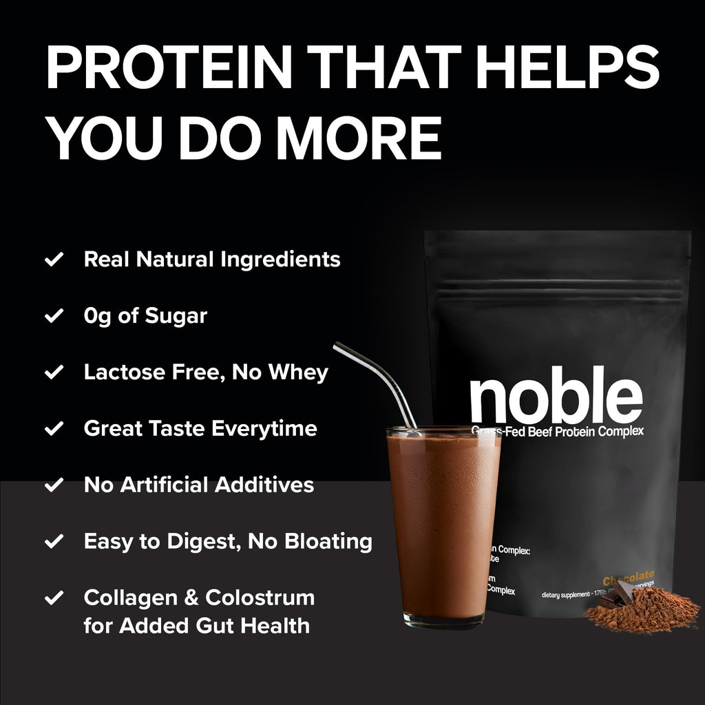 Noble All-in-One Chocolate Protein Powder, 21g Grass-Fed Beef Protein & Collagen, Colostrum & Organ Blend, Whey-Free, Seed Oil-Free, Zero-Carb, 30 Servings (1.75lbs)