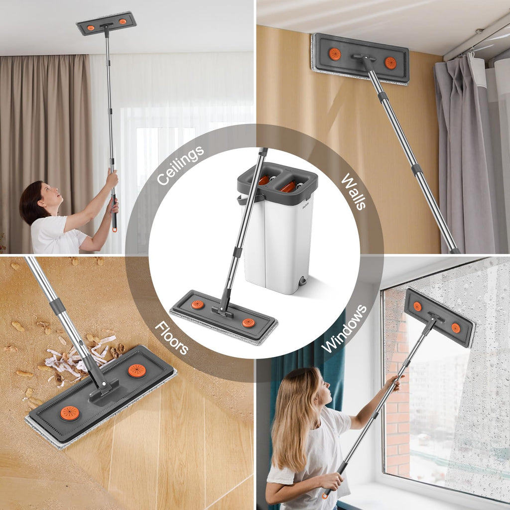 JUDRDO Mop and Bucket with Wringer Set for Home,61" Flat Mop and Bucket System for Floor Cleaning,Wet Dry Mop Window Wall Cleaner with Long Handle,Floor Mop with 4 Washable Microfiber Pads