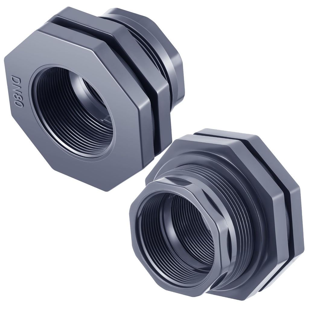 Maasechs 2 Pcs 3 Inch Bulkhead Fitting PVC Water Tank Connector Plumbing Pipe Threaded Bulkhead Fitting NPT for Rain Barrels, Water Tanks, Aquariums, Tubs, Pools