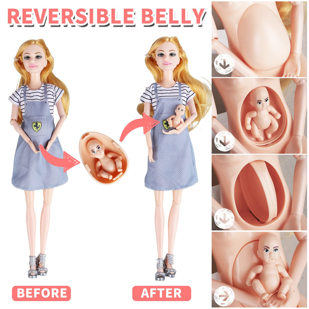 Familydolls Dolls Set of 6 People with Pregnant Mom Dad 3 Kids and Baby Boy in Mommy's Tummy, Doll Playsets and Accessories for 3-12 Years Old Toddlers Gift