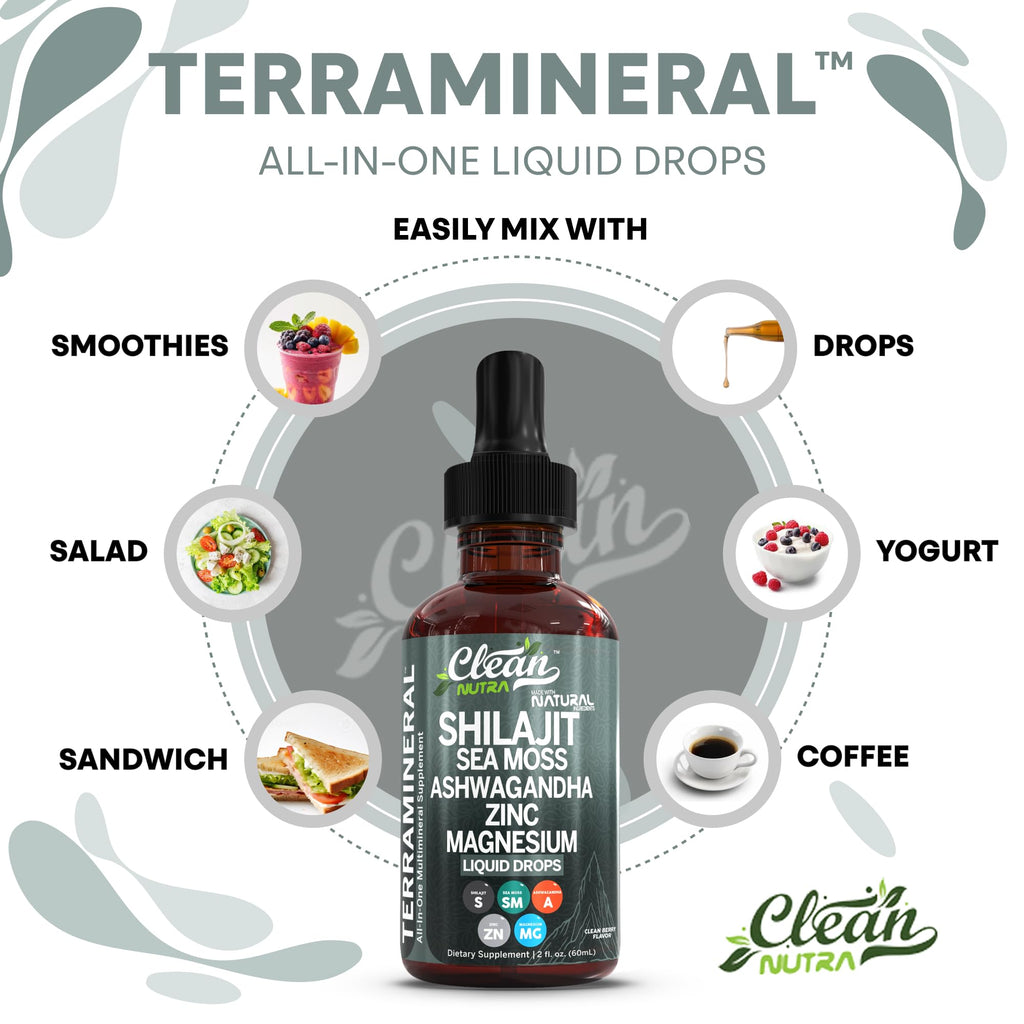 Clean Nutraceuticals Shilajit Liquid Drops with Sea Moss, Ashwagandha, Zinc, Magnesium, Liquid Vitamins for Women and Men - Terra Mineral