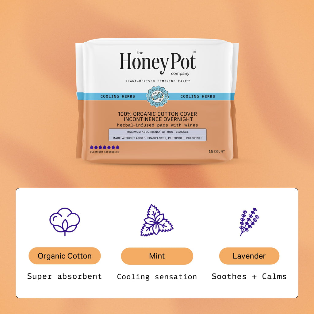 The Honey Pot Company - Herbal Pads for Women - Organic Incontinence Overnight w/Wings - Infused w/Essential Oils for Cooling Effect - Postpartum Essentials - Feminine Care - 16 ct