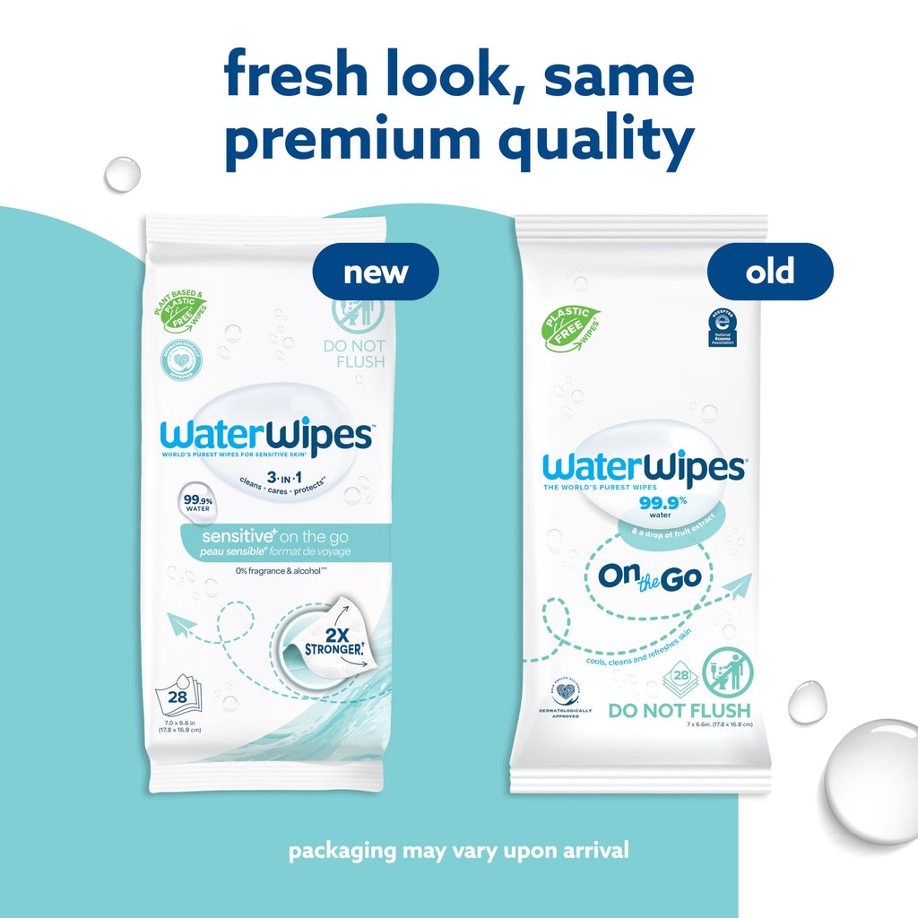 WaterWipes Sensitive+ On The Go Wipes,3-In-1 Cleans,Cares,Protects,99.9% Water,Unscented & Hypoallergenic Wet Wipes,28 Count (Pack of 2)