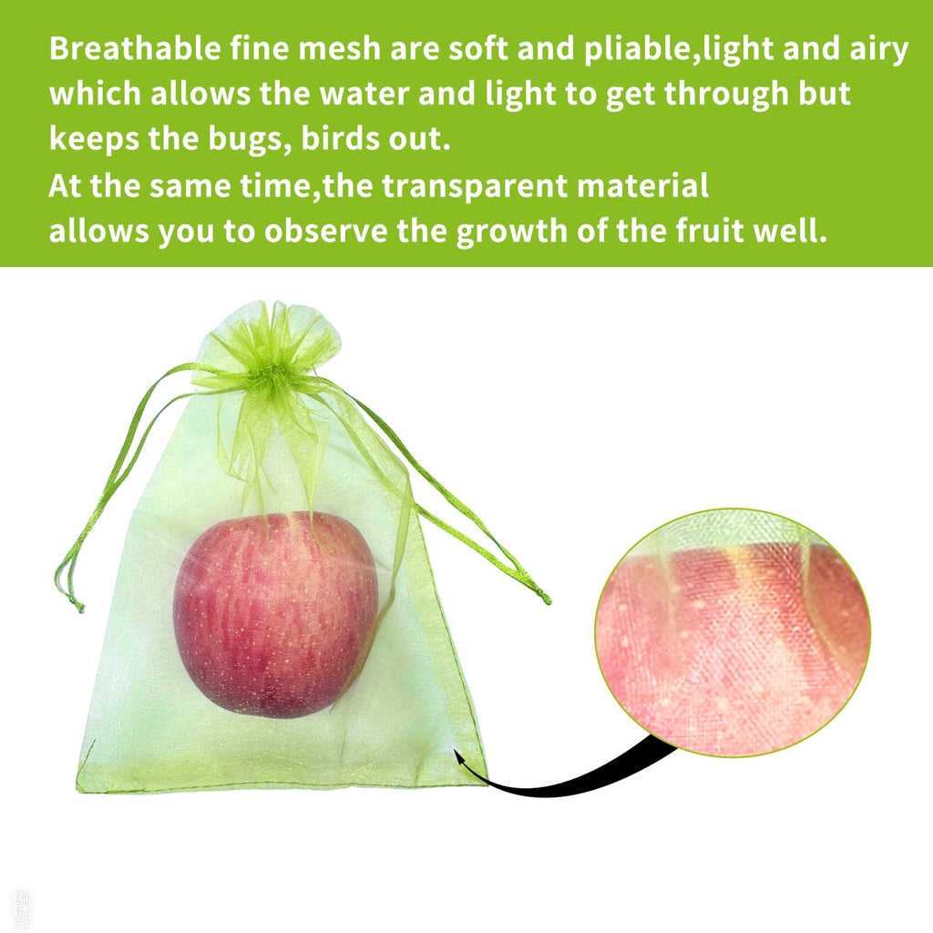 YHJZ 100PCS Fruit Protection Bags, 8x12 Inch Green Fruit Netting Cover Bags Drawstring Mesh Fruit Protectors Pest Barrier for Plant Fruit Flower Veggies Garden