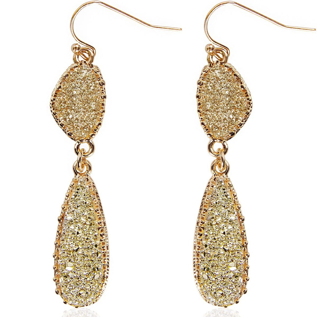 Gold Tone Earrings for Women Dangle - Faux Druzy Long Double Tear Drops