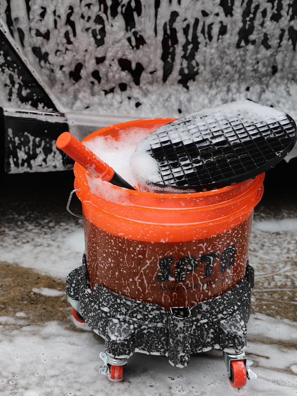 SPTA Bucket Dolly with 5 Wheels, Car Wash Bucket Roller, Easy Push Rolling Barrel Dolly System for Washing, Waxing, Removable Bucket Mover, Polishing Car Accessories Black