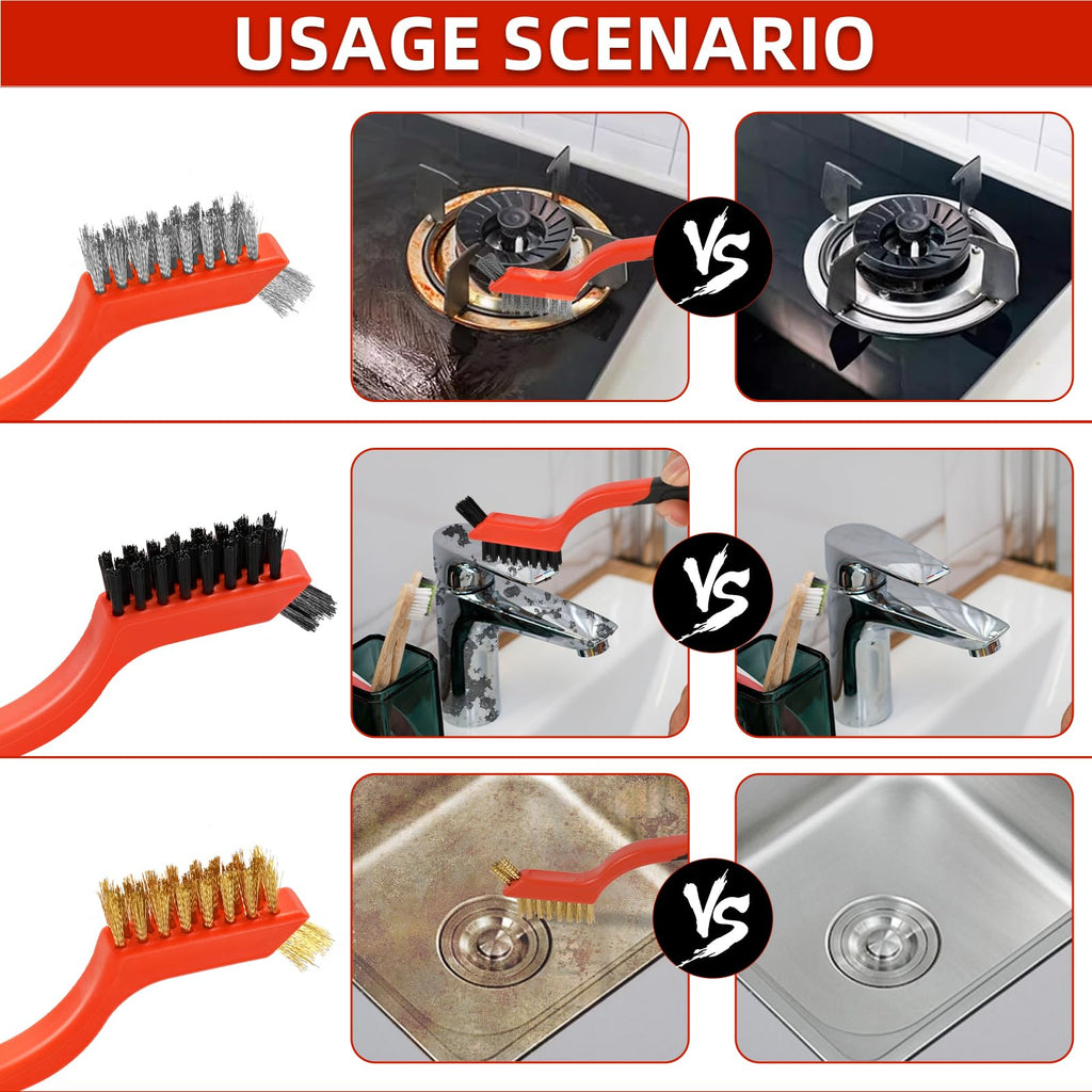 3PCS Wire Brushes for Cleaning Rust, Nylon, Brass & StainlessSteel Bristles