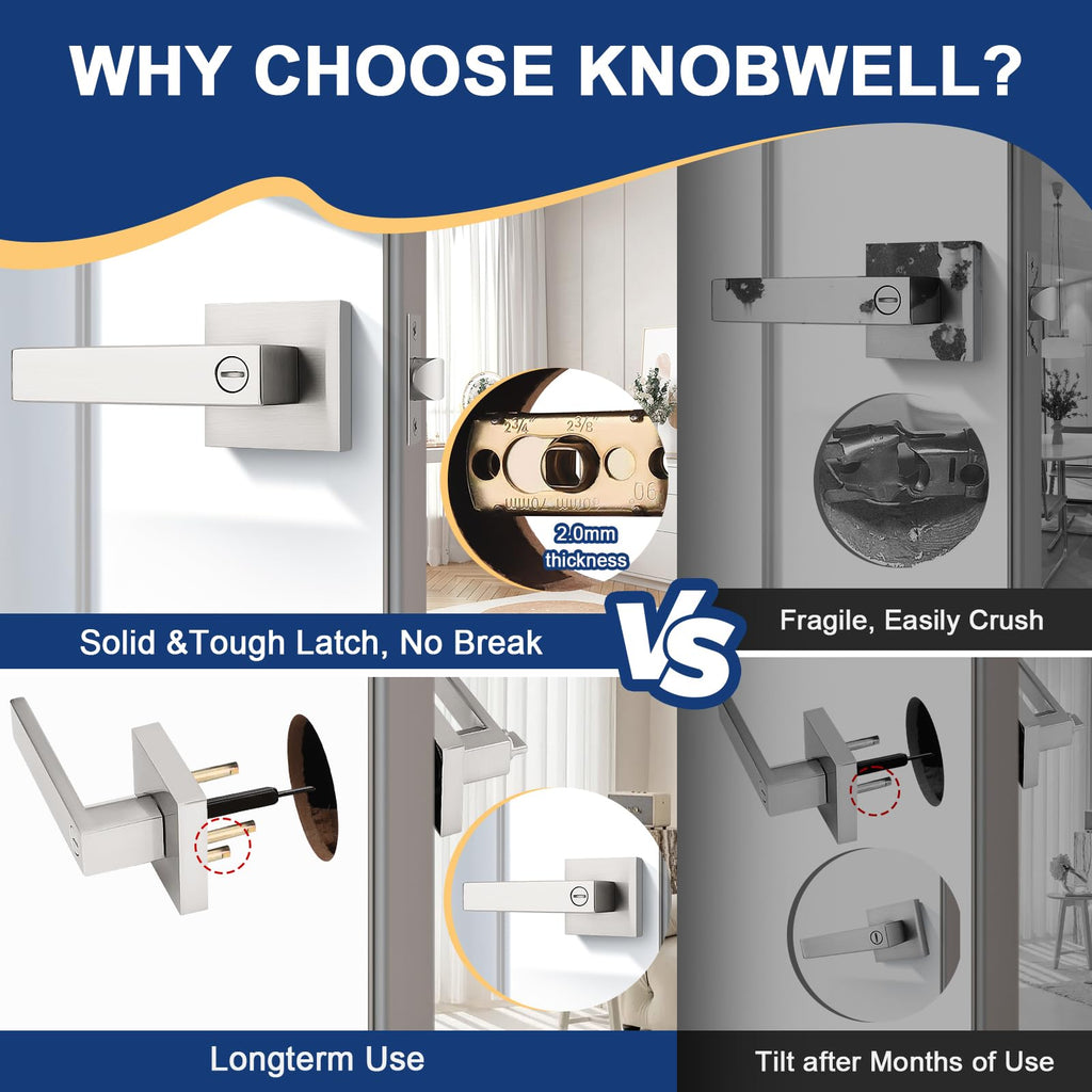 KNOBWELL 20 Pack Heavy Duty Square Door Handle Brushed Nickel Door Lever with Lock Bed and Bath Privacy Handle Bulk Door Knobs(No Key)