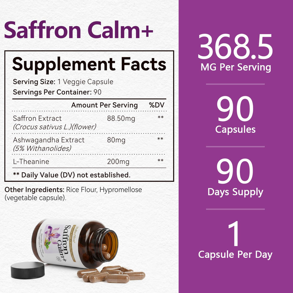 HyberVive Saffron Supplements with Ashwagandha & L-Theanine - 368.5MG - Mood Balance, Stress Relief & Mental Clarity – Cortisol Support for Women & Men, Made in USA, 90 Vegan Capsules