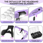 Dilzekui Magnifying Glass with Light 1.5X to 5.0X, Rechargeable Magnifying Glasses Head Magnifier, Lighted Magnify Glass with 4 Detachable Lenses, Magnifier Headset for Close Work Hobbies Jewelry