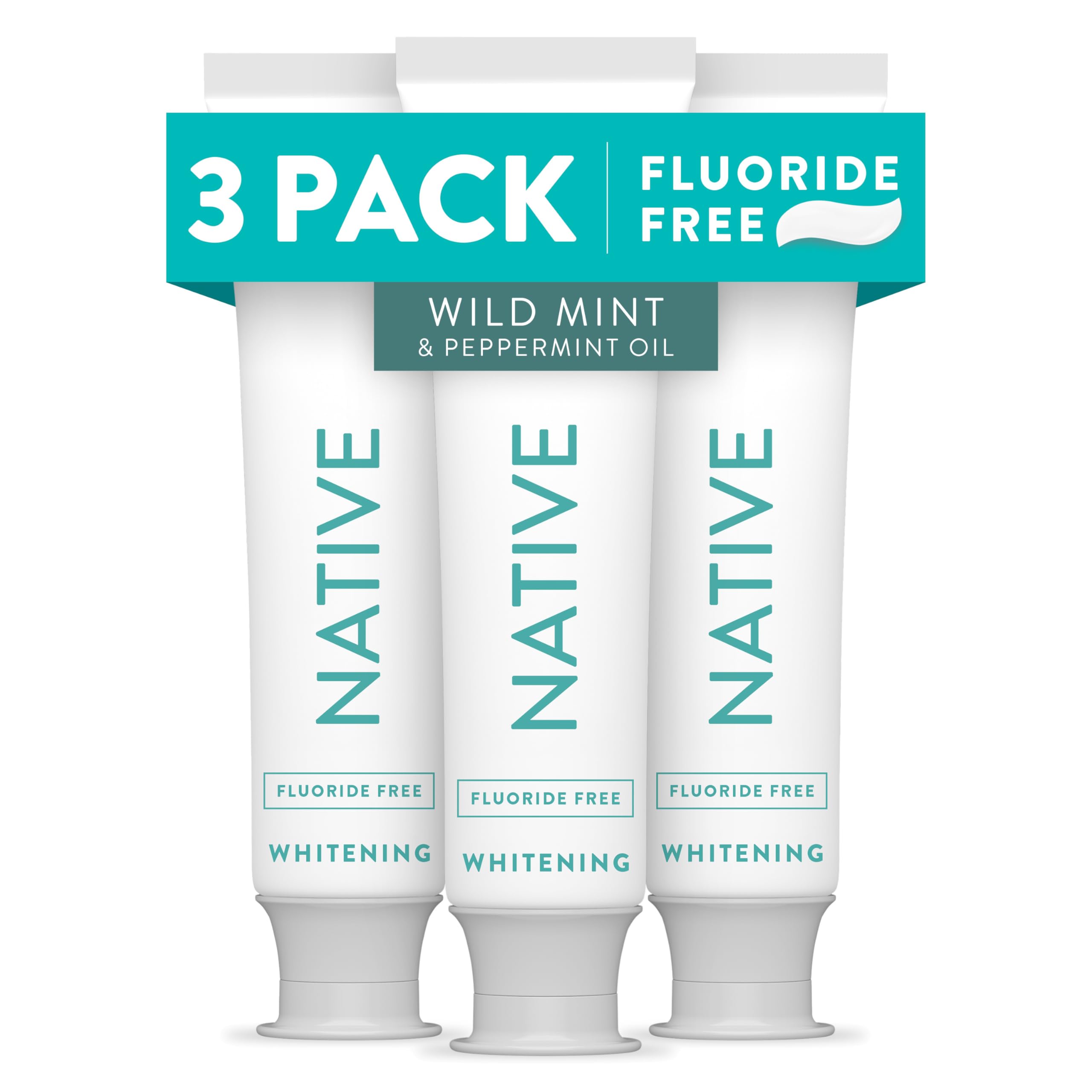 Native Fluoride Free Toothpaste, Whitening - for Adult, Kids 2+ Oral Care - Wild Mint & Peppermint Oil Flavor, 4.1oz (Pack of 3)