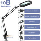 10X Large Magnifying Glass with Light and Clamp, Real Glass, 5 Color Modes, Stepless Dimmable, Lighted Magnifier with Stand Hands Free, LED Swing Arm Desk Lamp for Close Work, Craft, Reading, Painting