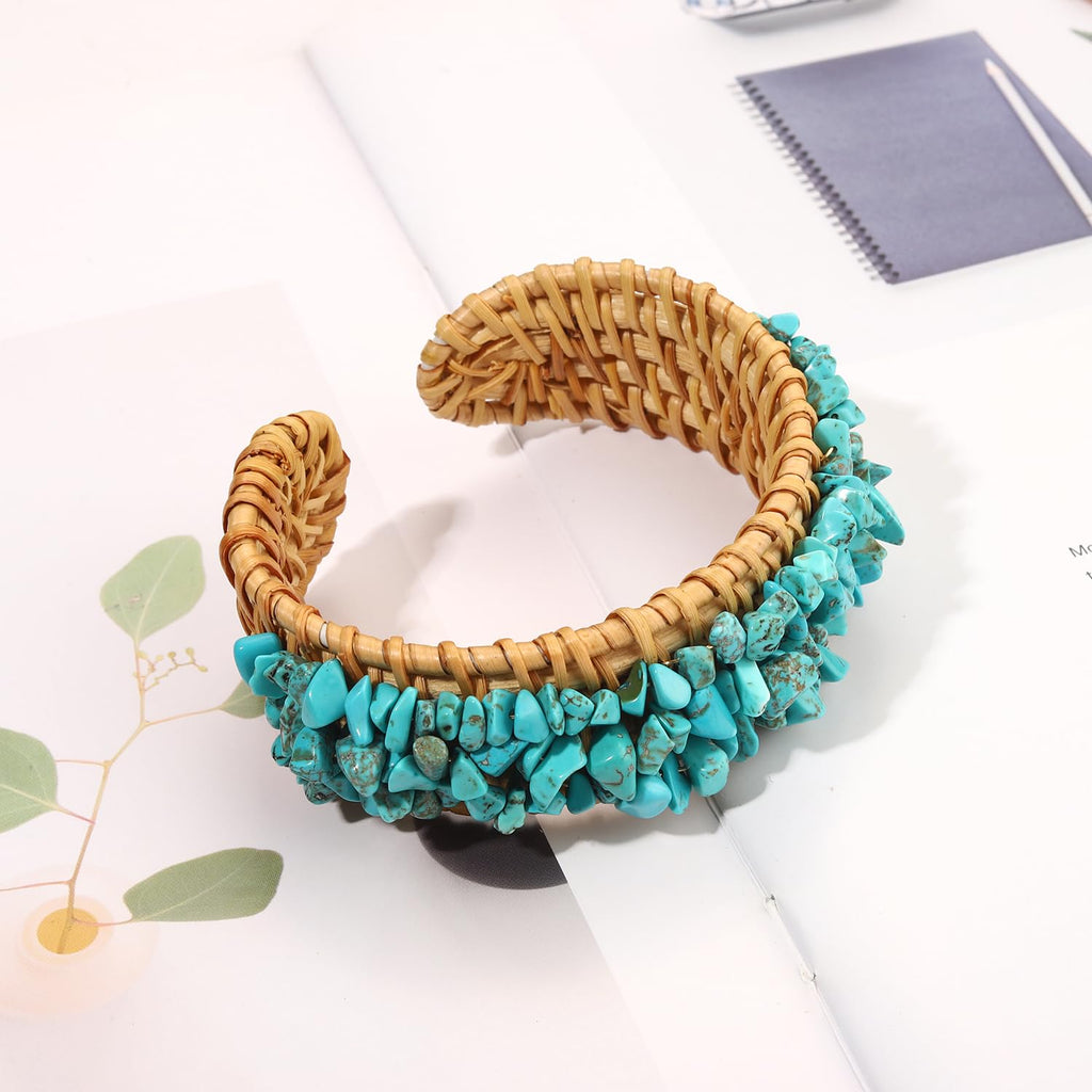 Rattan Bracelet Handmade Lightweight Straw Wicker Braid Cuff Bangle Bracelet Statement Adjustable Bohemian Rattans Woven Chunky Bracelets for Summer Wrist Jewelry (Z Rattan Cuff Bracelet Turquoise)
