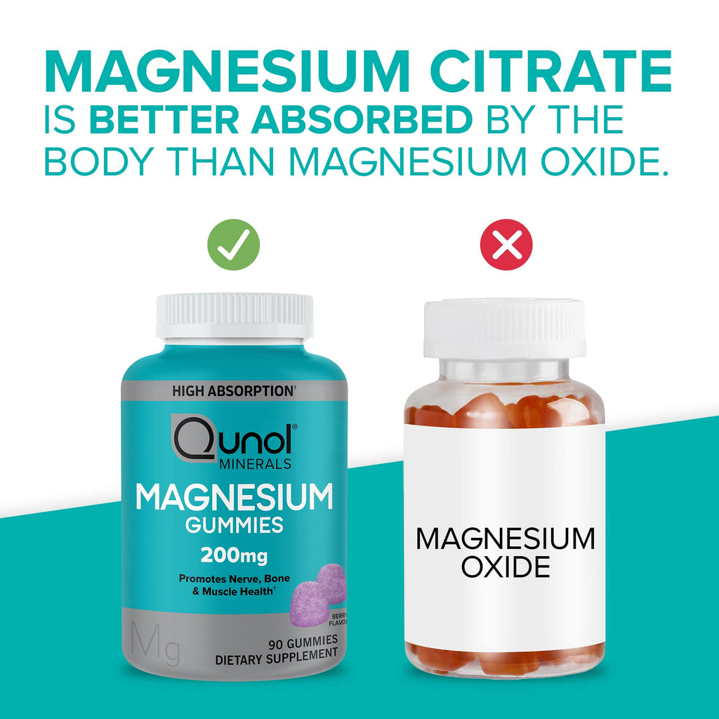 Qunol Magnesium Gummies for Adults, 200mg Elemental Magnesium (from 1,750mg Magnesium Citrate), High Absorption Magnesium Supplement, Supports Nerve, Bone and Muscle Health, Vegetarian, 90 Count