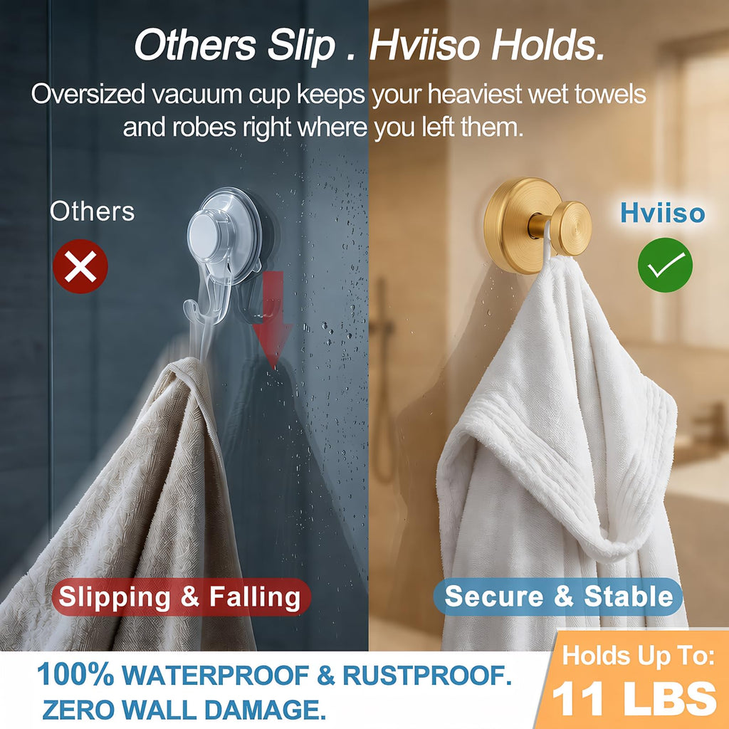 Hviiso Vacuum Suction Cup Hooks for Shower, Shower Hooks for Inside Shower Glass Window, Mirror, No Drill Towel Hooks for Bathrooms, Bath Robe Coat Looafh Wreath Hook for Hanging - 2 Pack, Gold