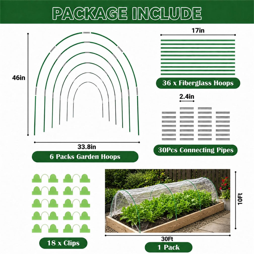 Garden Netting Kit, 10x30FT Ultra Fine Garden Mesh Netting with 6 Sets Garden Hoops, Insect Netting for Garden Protection Plant Covers, Garden Netting for Raised Beds Plant Fruit Flowers Protection