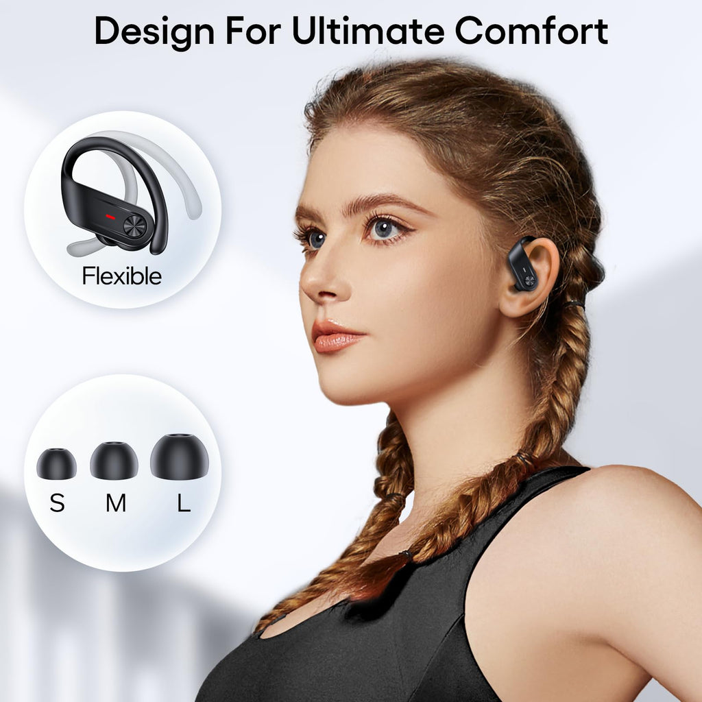 TAGRY Wireless Headphones Sport Earphones with Earhook Mic in-Ear headsets Balck
