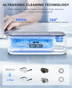 SUNPOW Ultrasonic Jewelry Cleaner Machine– Dual Chambers for Contact Lenses & Jewelry, 45kHz Sonic Cleaner for Silver & Gold, Rings, Earrings, Glasses, Watches, Necklaces – Quiet 45dB, Deep Cleaning