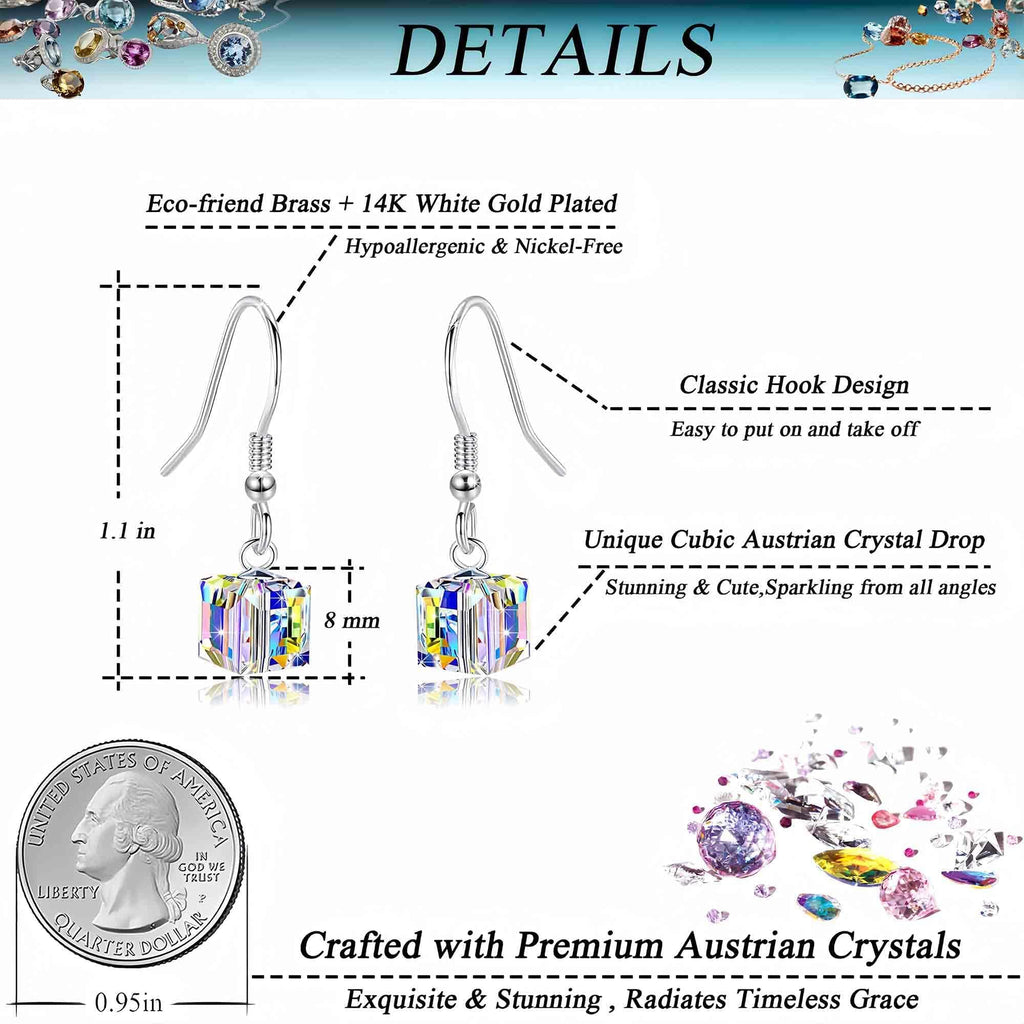 EVEVIC Austrian Crystal Cube Drop Earrings for Women, French Hook