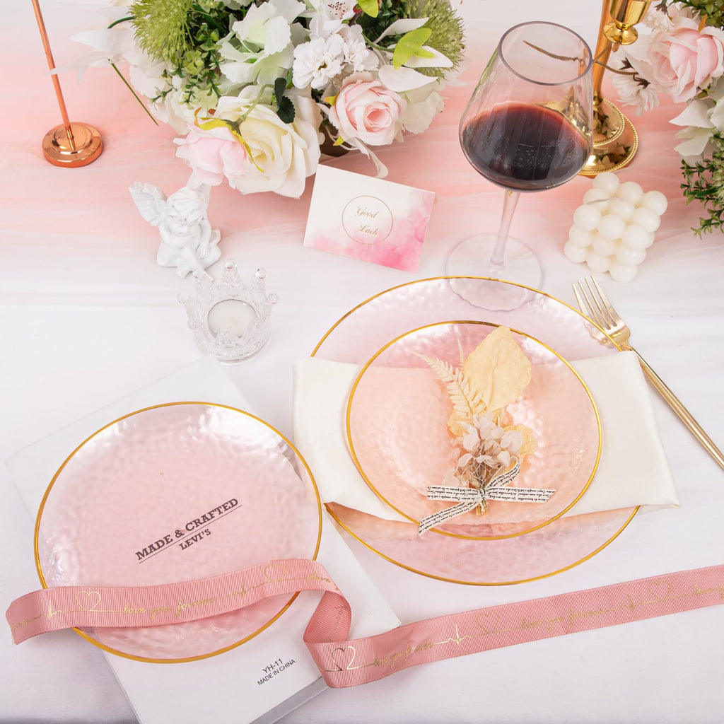 Rubtlamp 60Pcs Pink Plastic Plates,Clear Pink Plates With Gold Rim,Hammered Gold Plates Include 30Pink Plastic Dessert Platos, 30Gold Dinner Platos For Party