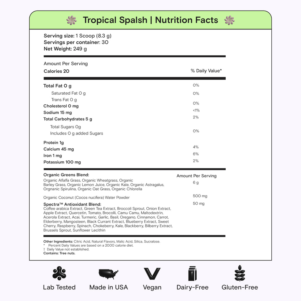 Kiala Nutrition Super Greens, Organic Greens Powder with Spirulina & Chlorella for Digestion, Gut Health, Immunity, Adaptogens, Energy, Gluten Free, Vegan, Sugar Free, Tropical Splash, 30 Servings