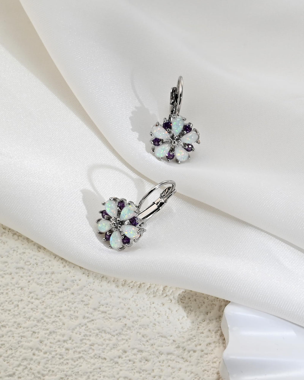 Elaximn Vintage Silver Flower Opal Earrings