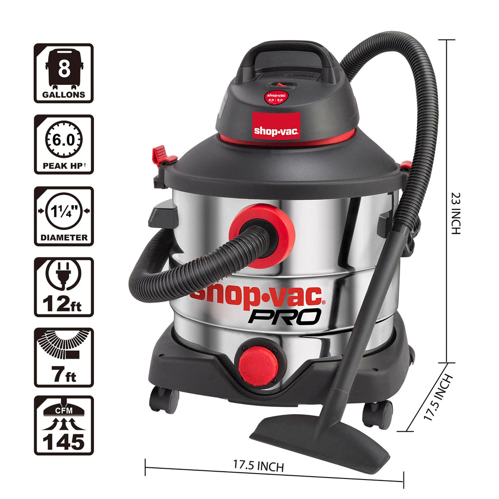 Shop-Vac 8 Gallon 6.0 Peak HP Wet/Dry Vacuum, Stainless Steel Tank, Portable Shop Vacuum with Multifunctional Attachments for Jobsite, Garage & Workshop. 5989400