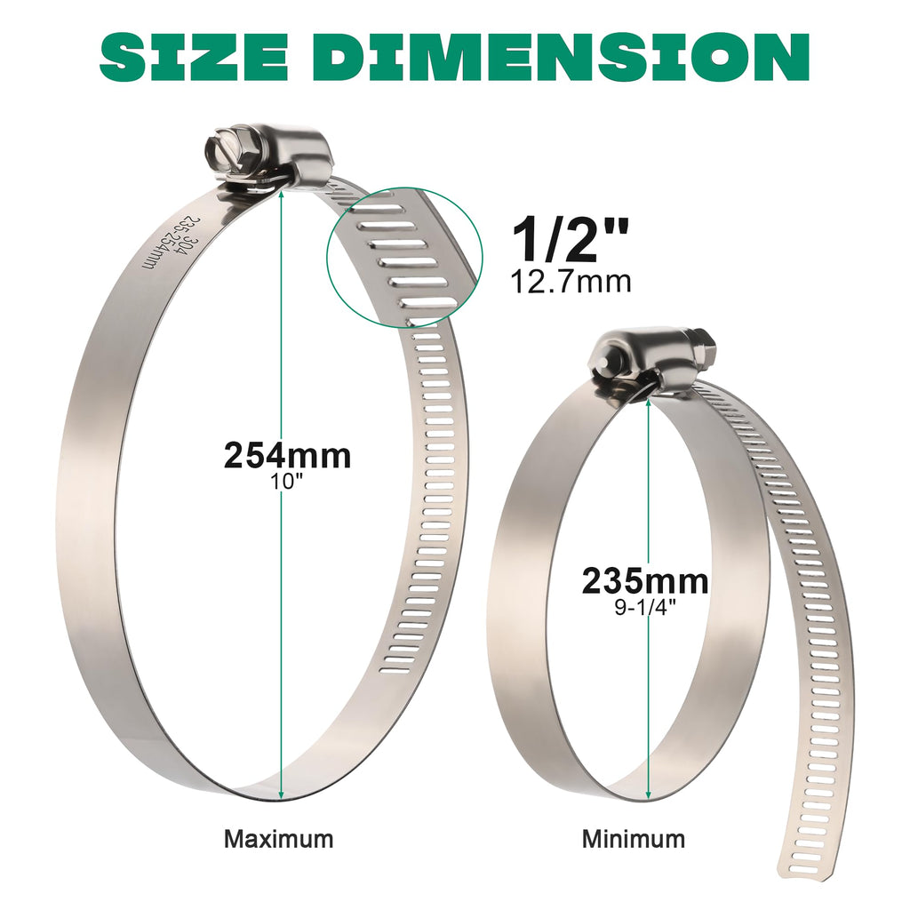 OURU Large Hose Clamps, 10 Pack 10 Inch Stainless Steel Hose Clamps Adjustable from 9-1/4"-10"/235-254mm, Metal Worm Gear Duct Clamp for Radiator, Dryer Vent Hose, Fuel Line, Automotive