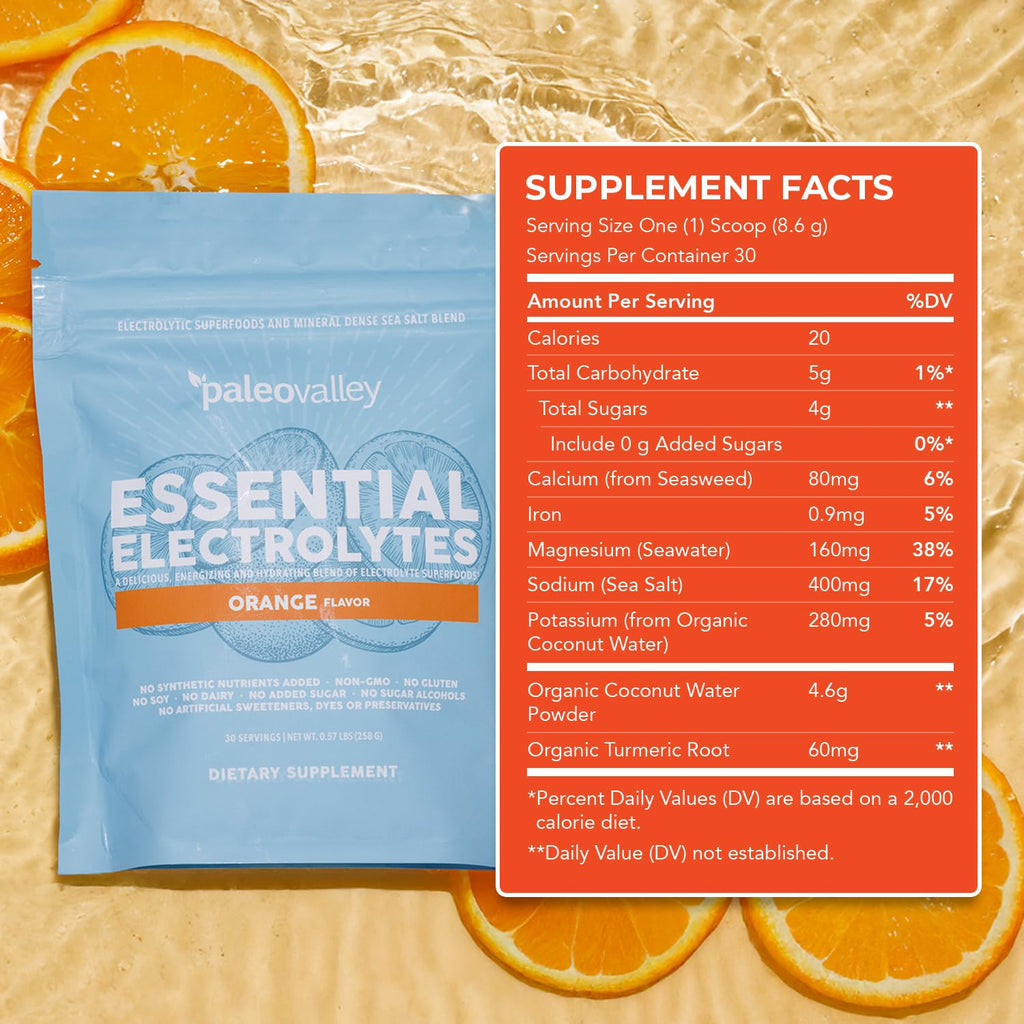 Paleovalley Essential Electrolytes Powder - Full Spectrum Orange Electrolyte Powder for Hydration, Energy and Muscle Recovery - No Sugar Added - 30 Servings