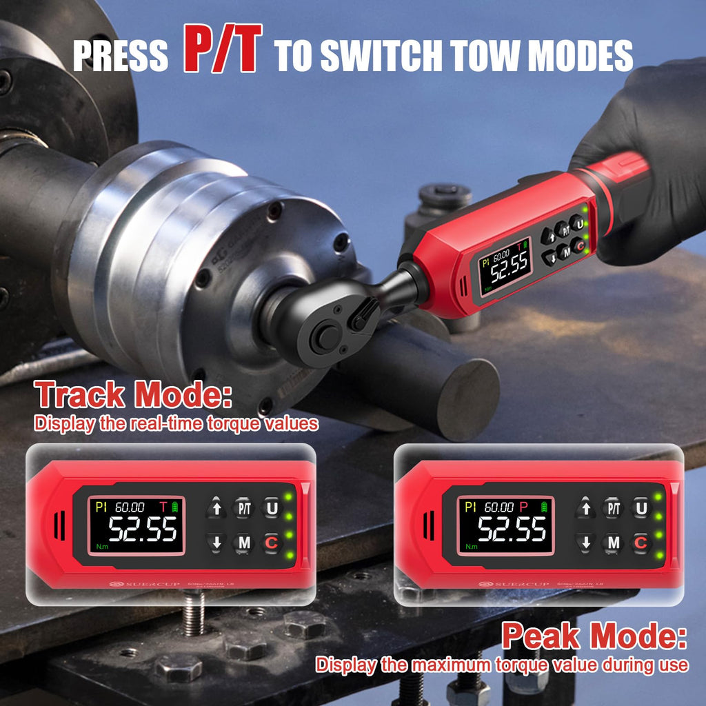 SUERCUP 3/8"&1/2" Digital Torque Wrench Set(0.66-44.29Ft.Lb/0.9-60N.m&3.8-250.8Ft.Lb/5.1-340Nm), ±1% Accuracy with Vibration, Buzzer,LED Notification and Five Units of Measure, for Car,Moto, DIY