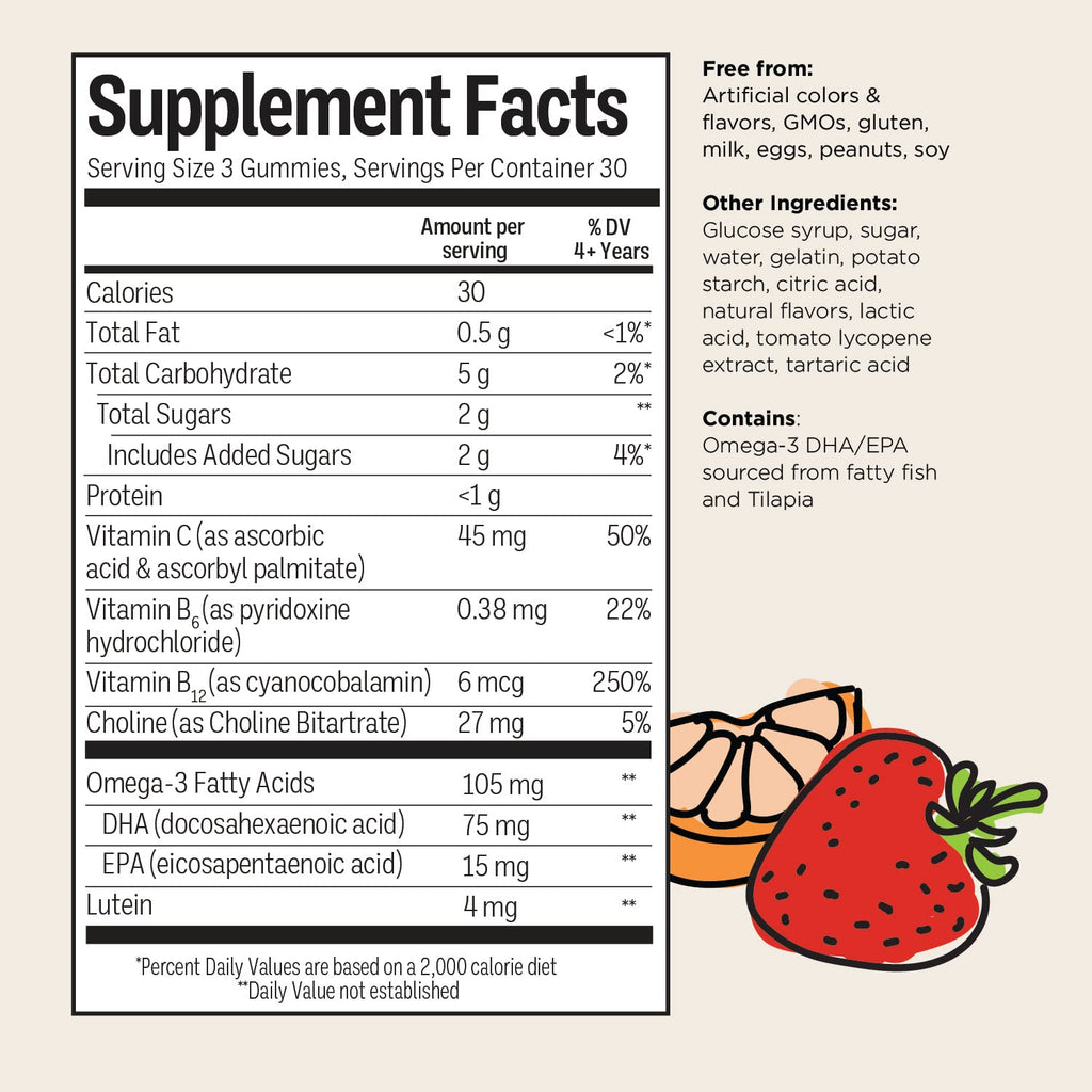 Brainiac Kids Daily BrainPack Gummies, Supports Brain Health with Omega 3 DHA EPA DPA, Choline, B6 & B12 and Lutein for Eye Health with Immune Support, Citrus Berry Flavor, 90 ct