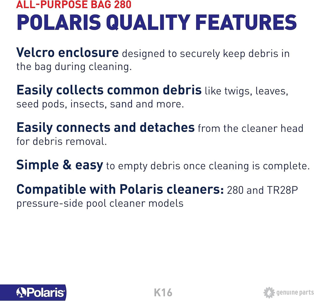 Polaris Genuine Parts K13 All-Purpose Zipper Replacement Debris Bag, for Automatic Pressure Pool Cleaner Vac-Sweep 280