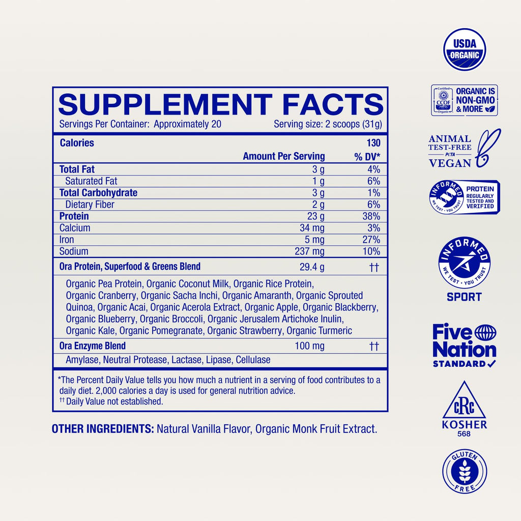 Ora Organic Plant-Based Protein Powder - 23g Protein for Women and Men - Vanilla Flavor 20 Servings, Vegan, Clean Protein, Third-Party Tested, Gluten-Free - 20 Servings