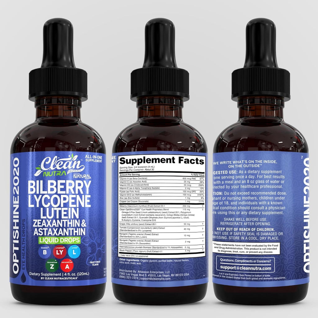 Clean Nutra Lutein and Zeaxanthin Eye Vitamins Supplement Lycopene Astaxanthin Bilberry Liquid Drops | Organic Astaxanthin Daily Lutein for Eyes Health Support Vitamin Minerals Extract | 60 Servings